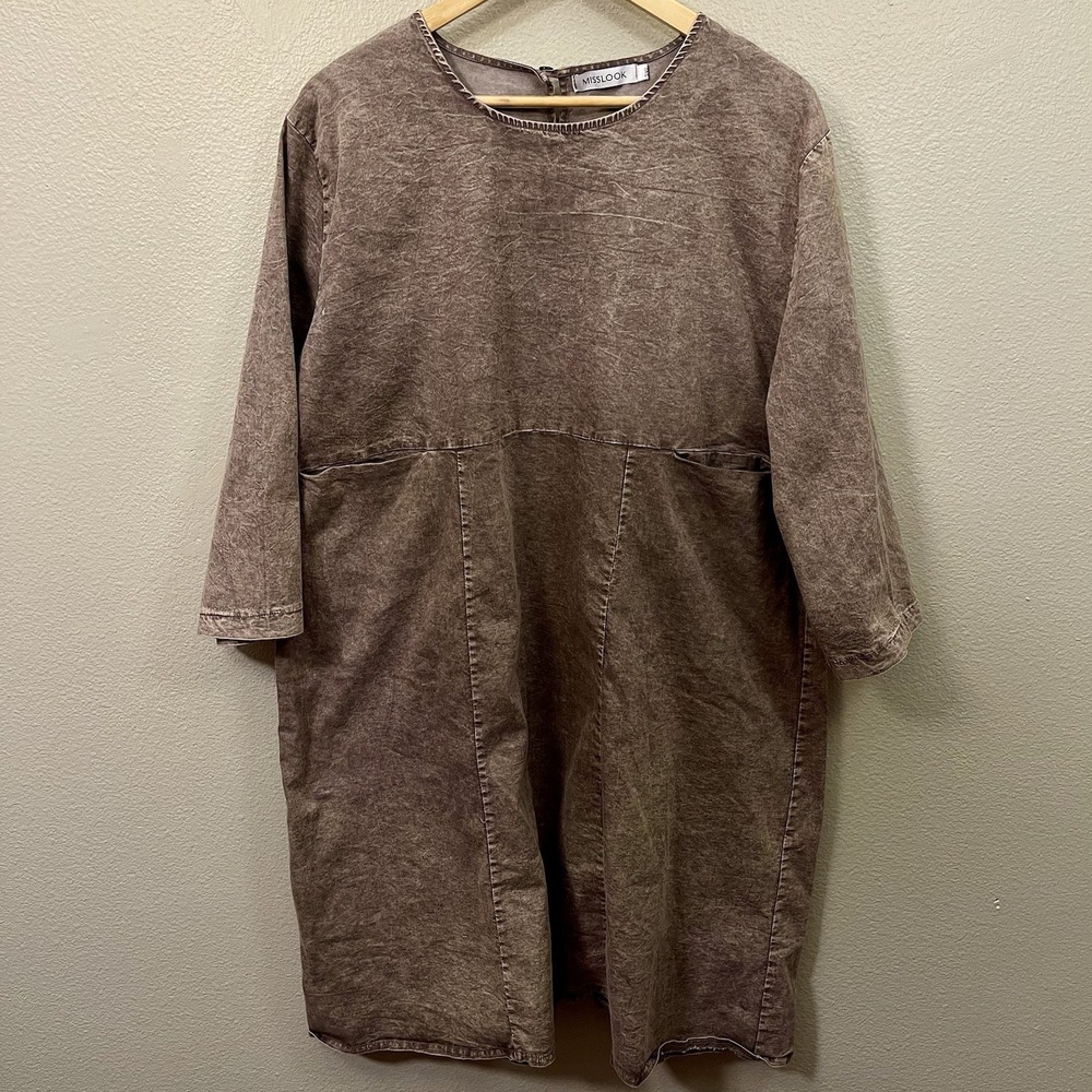 Misslook Plus Size Acid Wash Dress Brown Burgundy Stretch‎ Pockets Grunge Sz 2XL